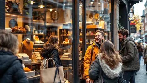 Stylish uk high street shop with luxury window displays and happy shoppers