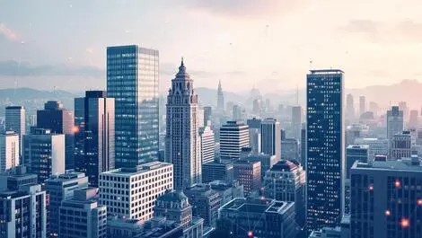 Modern european cityscape digital lines blockchain interconnected financial institutions latin american architecture