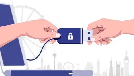 Illustration hands exchanging secure locked usb drive laptop uk landmarks digital inclusion youth families