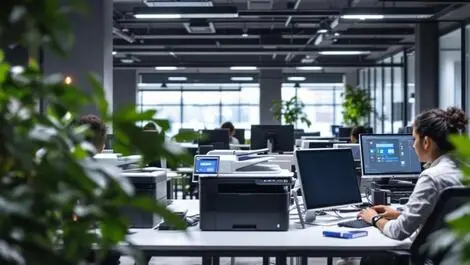 Modern uk office employees working with printers computers highlight security vulnerability