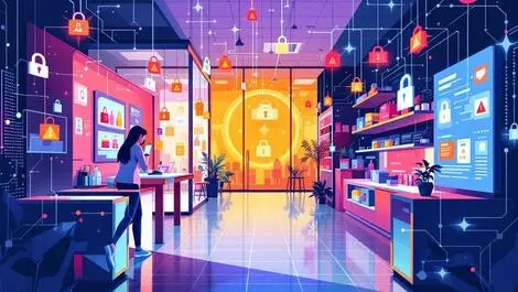 Abstract retail store digital cyber attack security threat network lines vivid