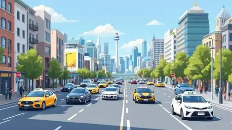 Busy urban street auckland cars ride hailing vehicles city landmarks competition