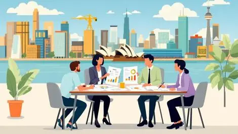 Business people analyzing charts around table with sydney cityscape procurement