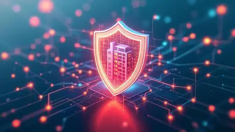 Digital shield protecting small office building ai cybersecurity abstract