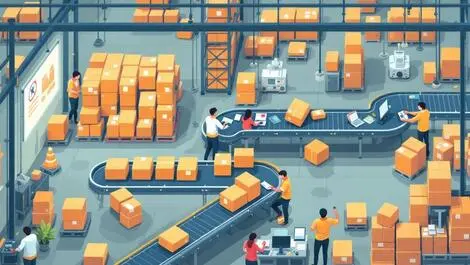 Illustration busy warehouse conveyor belts packages workers order processing