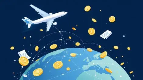 Airplane flying above globe with financial symbols global airline payment