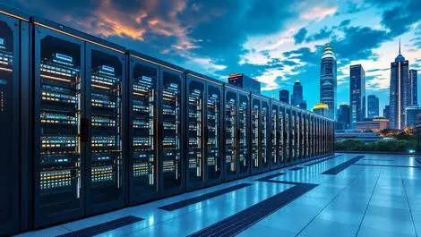 Modern data center building cooling units server racks jakarta skyline indonesia