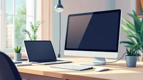 Realistic illustration desk modern desktop pc notebook bright european office