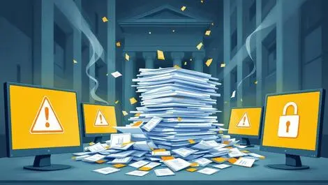 Realistic illustration stack sensitive files spilling government building uk urban data breach warning