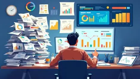 Retail analyst desk analyzing data transition from paper to digital automation