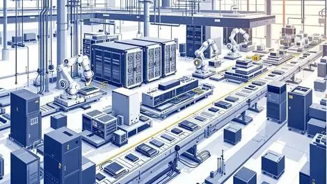 Modern uk manufacturing factory robotic arms network server racks conveyor belts