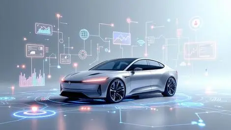 Realistic modern car floating digital data visuals glowing sensors analytics