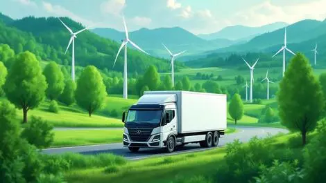Electric delivery truck green landscape trees wind turbines sustainable transport