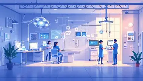 Digital healthcare hospital modern medical equipment staff interaction tech