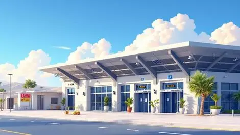 Modern airport terminal crete security cameras fire alarms solar panels