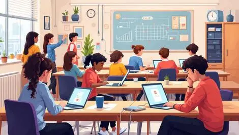 Modern british classroom young students laptops tablets network equipment