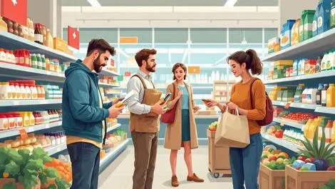 Australian shoppers supermarket comparing prices selecting essentials