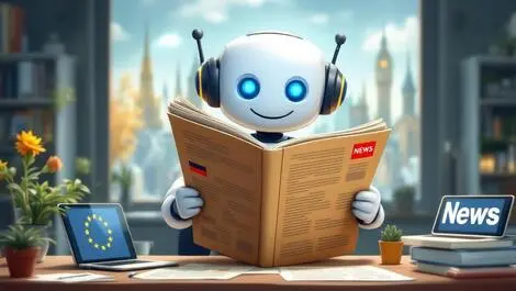 Friendly chatbot newspaper european flags digital newsroom illustration