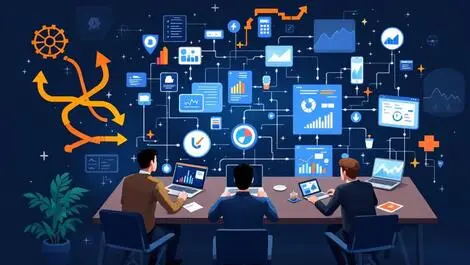 Businesspeople collaborating around table with digital devices and charts showing workflow automation integration