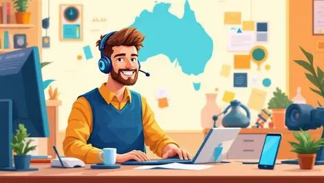 Realistic illustration friendly australian support technician headset computer