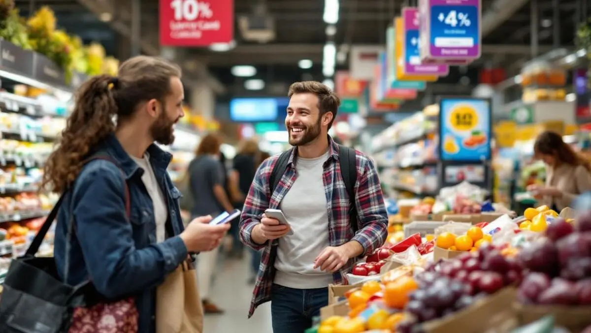 Cheerful uk shoppers browsing bright supermarket promotions loyalty