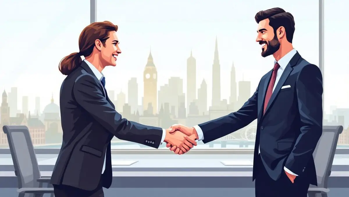 Realistic handshake business professionals modern office london cityscape financial partnership