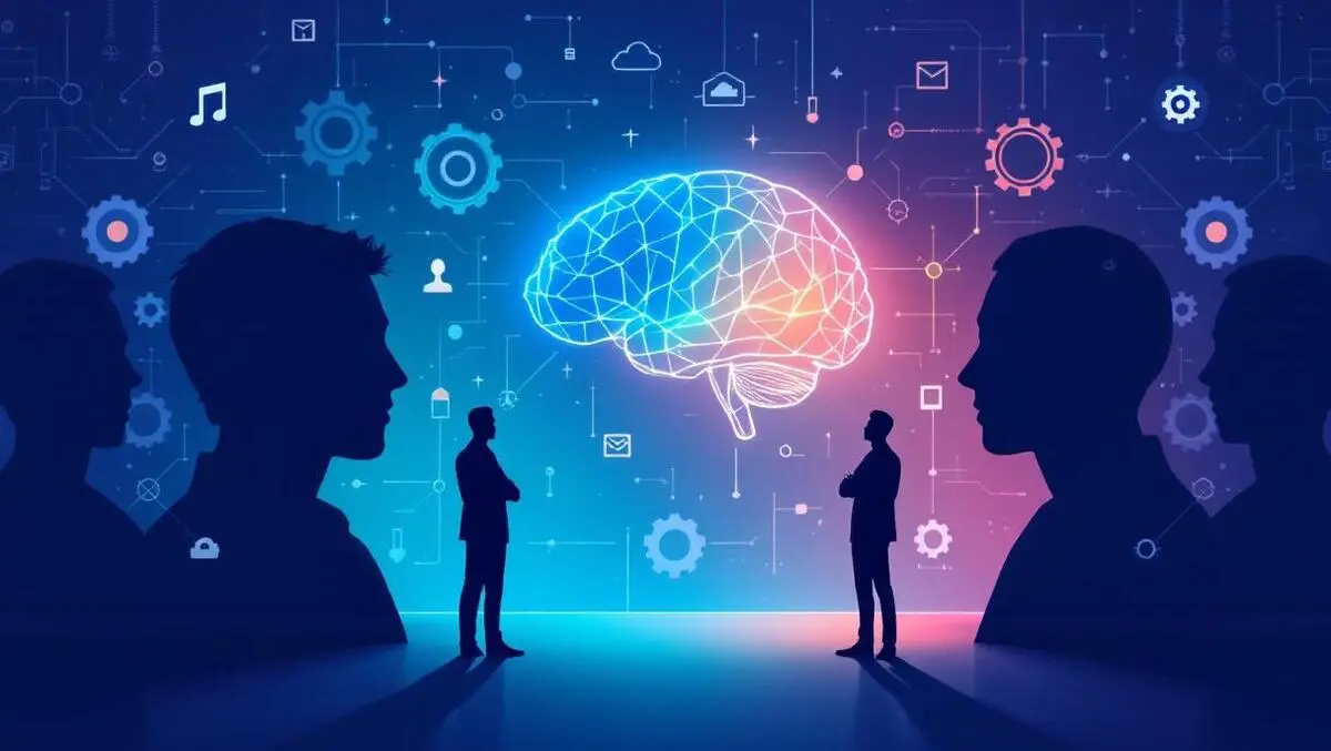 Human silhouettes hesitating before glowing abstract ai brain with gears data flow