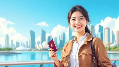 Smiling asian professional holding passport suitcase marina bay singapore skyline