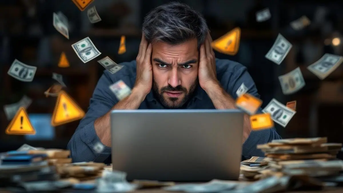 Worried merchant laptop digital credit cards dollar bills warning symbols financial losses payment fraud