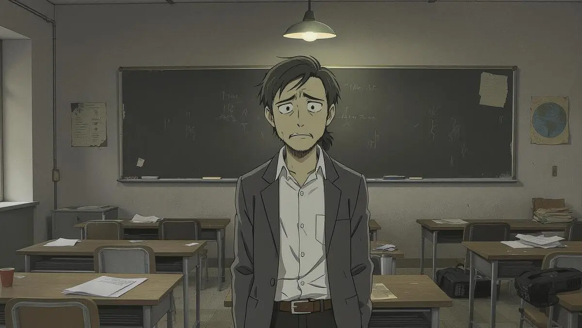 Worried teacher in sparsely equipped classroom symbolizing education budget cuts