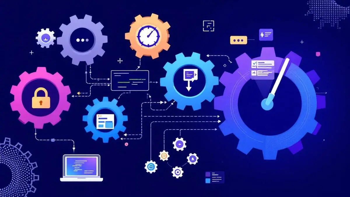 Interconnected gears computer screens flowcharts code process intelligence software development