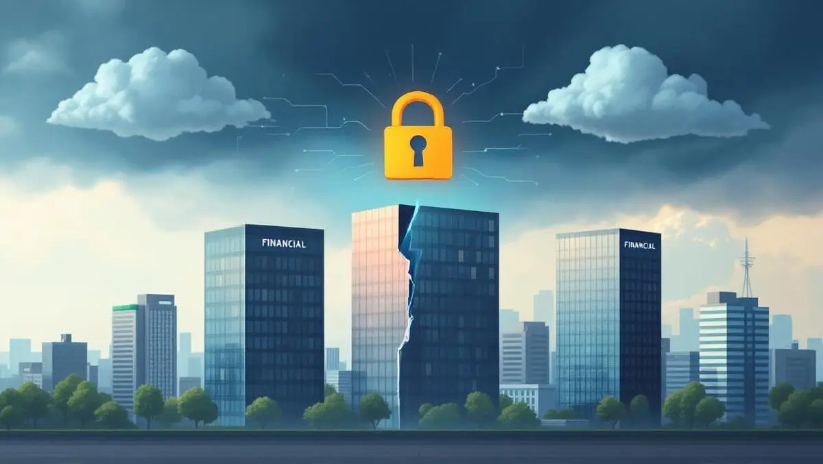 Modern office buildings financial institutions digital lock cracked storm clouds data resilience risks