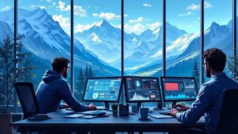 Cybersecurity professionals monitoring digital threats swiss office alps view