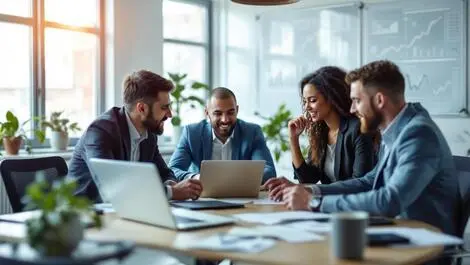 Uk business professionals collaborating laptops graphs ai growth success