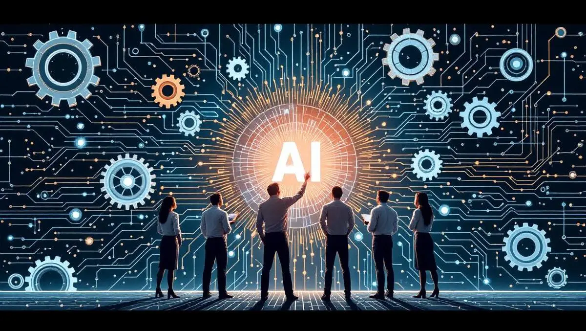 Business people examining complex gears circuit ai technology