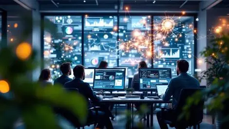 Modern office workspace computer screens graphs charts team discussions ai