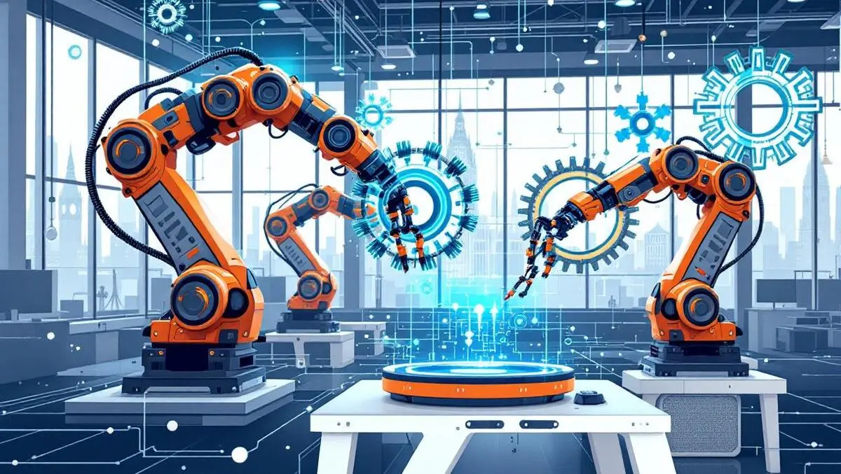 Realistic illustration robotic arms digital gears automation uk office