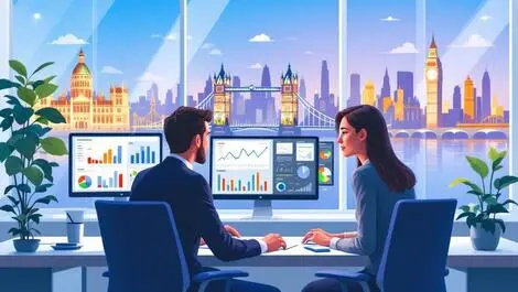 Professionals analyzing digital data uk london skyline modern office