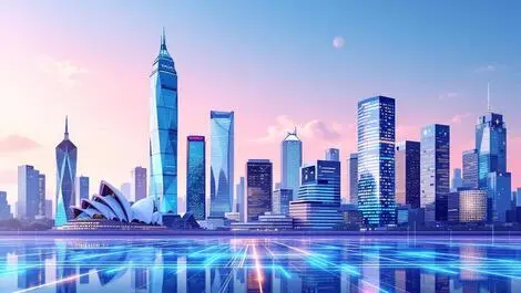 Sydney modern skyscrapers office buildings futuristic servers network cables advanced banking technology growth australia