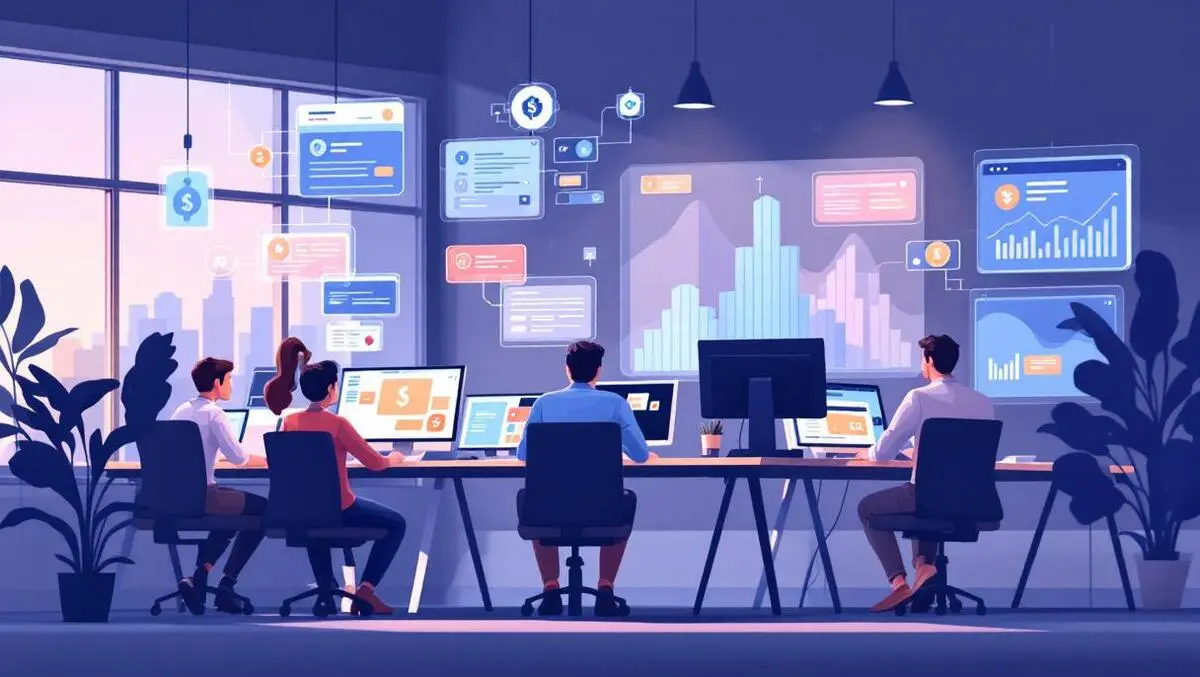 Modern office software engineers collaborating digital payment icons