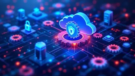 Interconnected digital data nodes secure cloud servers gears integration compliance enterprise data governance ai ready technology