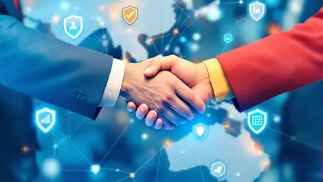 Business professionals handshake digital shields network asia pacific map