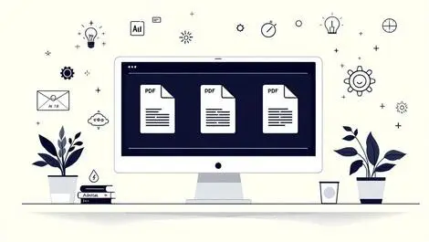 Modern workspace computer screen layered pdf icons digital tools automation