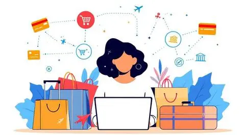 Person using laptop with shopping bags suitcase credit card digital icons