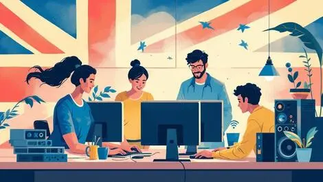 Uk charity workers collaborating technology access teamwork british flag
