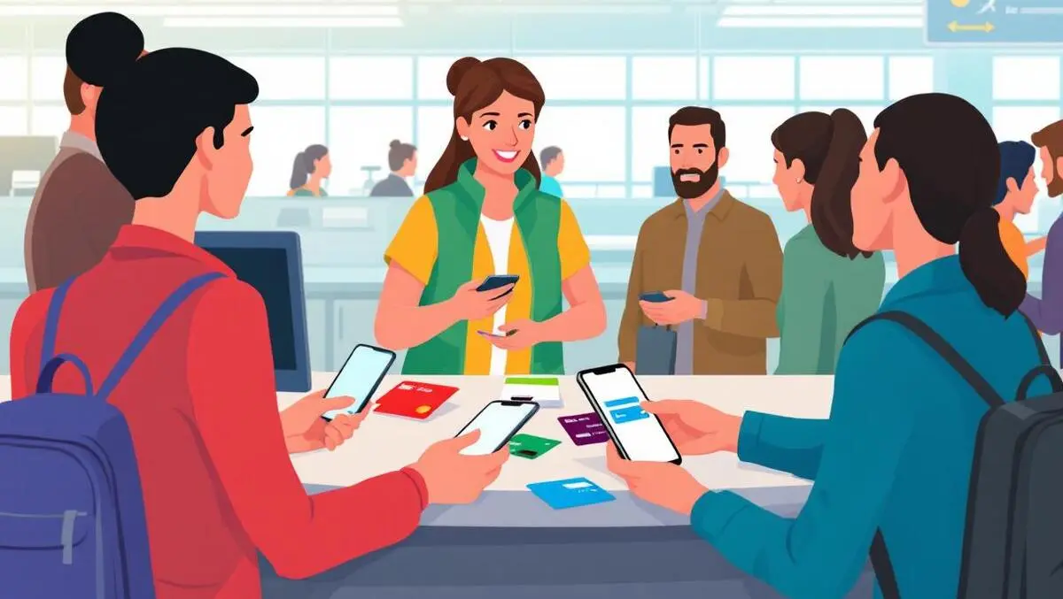 Modern airline check in counter passengers using digital payment methods smartphones cards