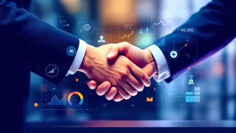 Business professionals shaking hands digital interface charts ai icons acquisition