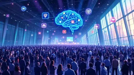 Modern conference center sydney people networking digital cloud ai brain icons technology event