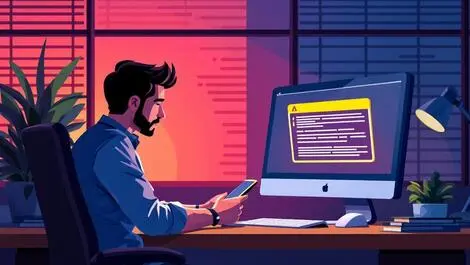 Realistic office worker distracted phone warning cyber threat vulnerability