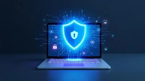 Realistic modern laptop digital shield network security cyber protection